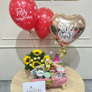 Desayuno sorpresa con girasoles, chocolates Ferrero Rocher y globos con helio
