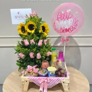 Desayuno sorpresa con rosas, girasoles, y globo con helio