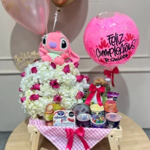 Desayuno sorpresa con hortensias, rosas, peluche y globos con helio