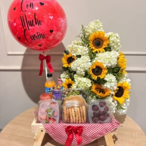 Desayuno sorpresa con hortensias, girasoles y globo