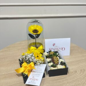 Caja de fresas con chocolate y girasol preservado