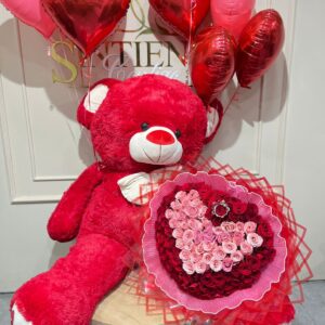Oso de peluche gigante, con Bouquet de rosas y globos con helio