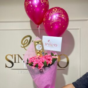 Bouquet de margaritas, caja de Ferrero Rocher y globos con helio