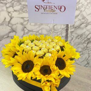 Caja corazon con girasoles y Ferrero Rocher