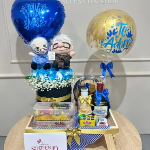 Desayuno con globo, torta, peluches y cilindro de rosas