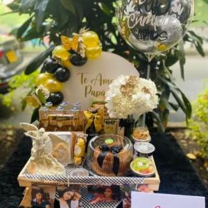 Desayuno sorpresa con torta, hortensias, arcangel y globos